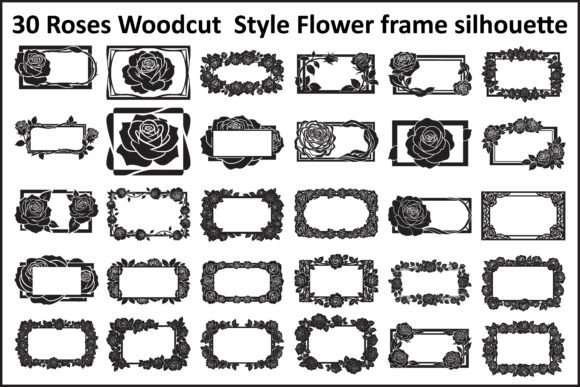 Download 30 Roses Woodcut Style Flower Frame - Woodcut Collection