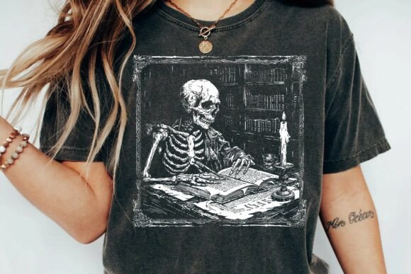 Download Dark Academia Skeleton Scholar Writing in Gothic Library Vintage Woodcut Png - Woodcut Collection