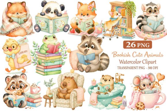 Download Bookish Cute Animals Watercolor Cliparts - Watercolor clipart Collection