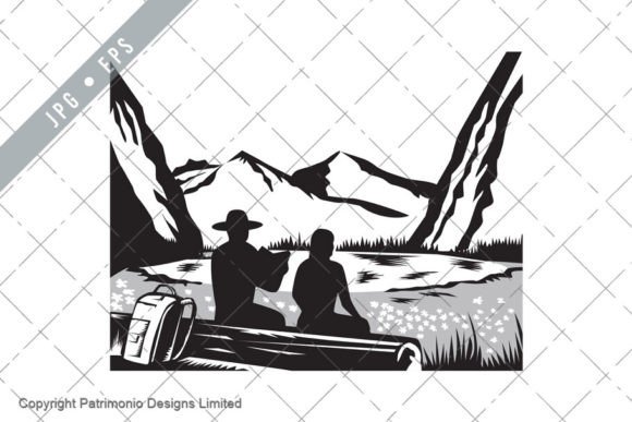 Download Male and Female Hiker Sitting Woodcut - Woodcut Collection